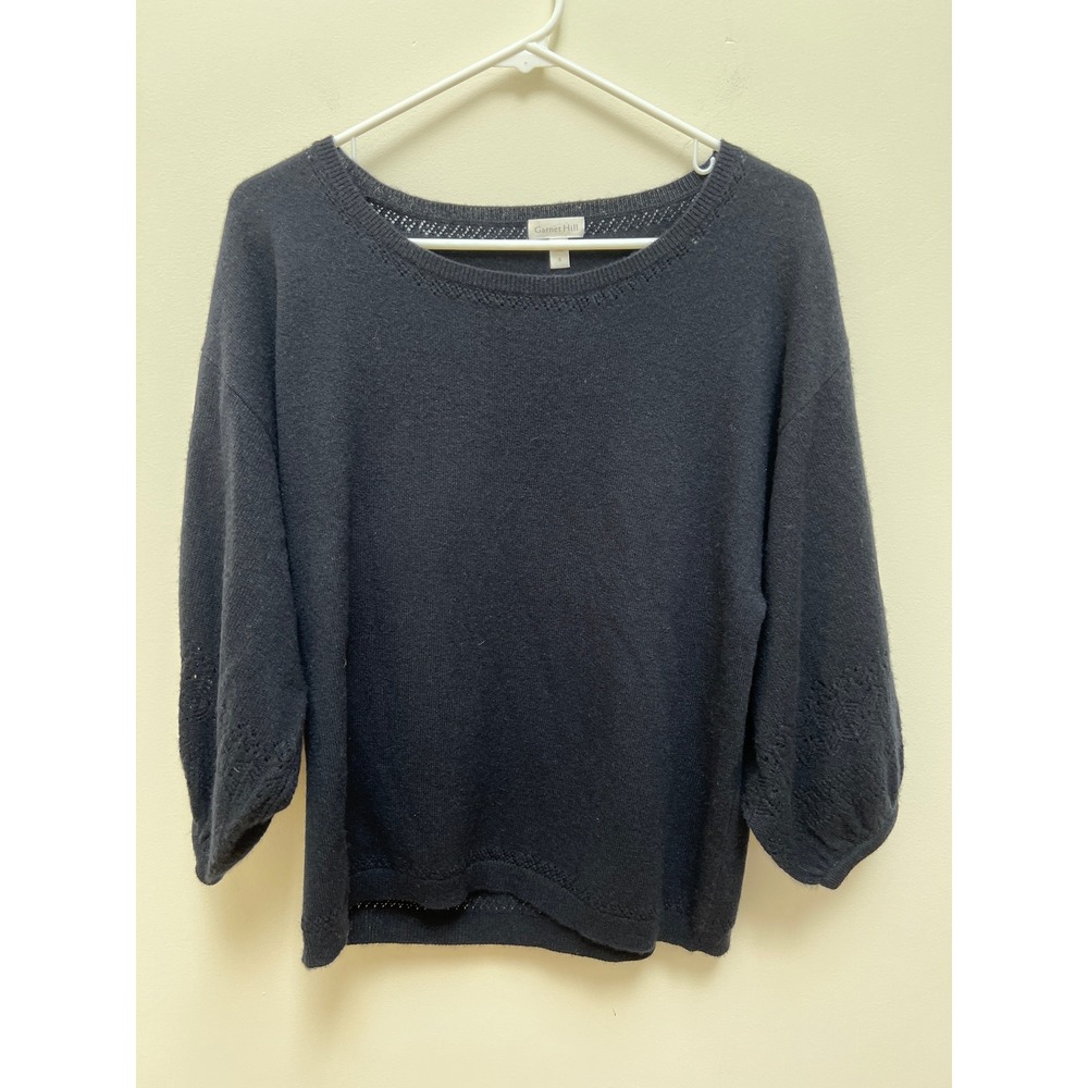 Garnet Hill Sweater Wom S Black 100% Cashmere 3/4 Balloon Sleeve Pointelle READ